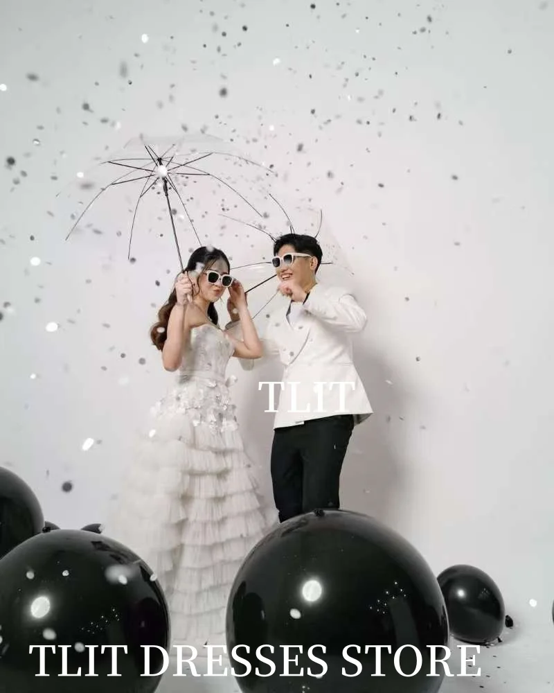 فستان زفاف TLIT أنيق أبيض متدرج من التول بدون حمالات فساتين حفلات كورية فستان الزفاف صور تبادل لاطلاق النار مخصص مشد الظهر