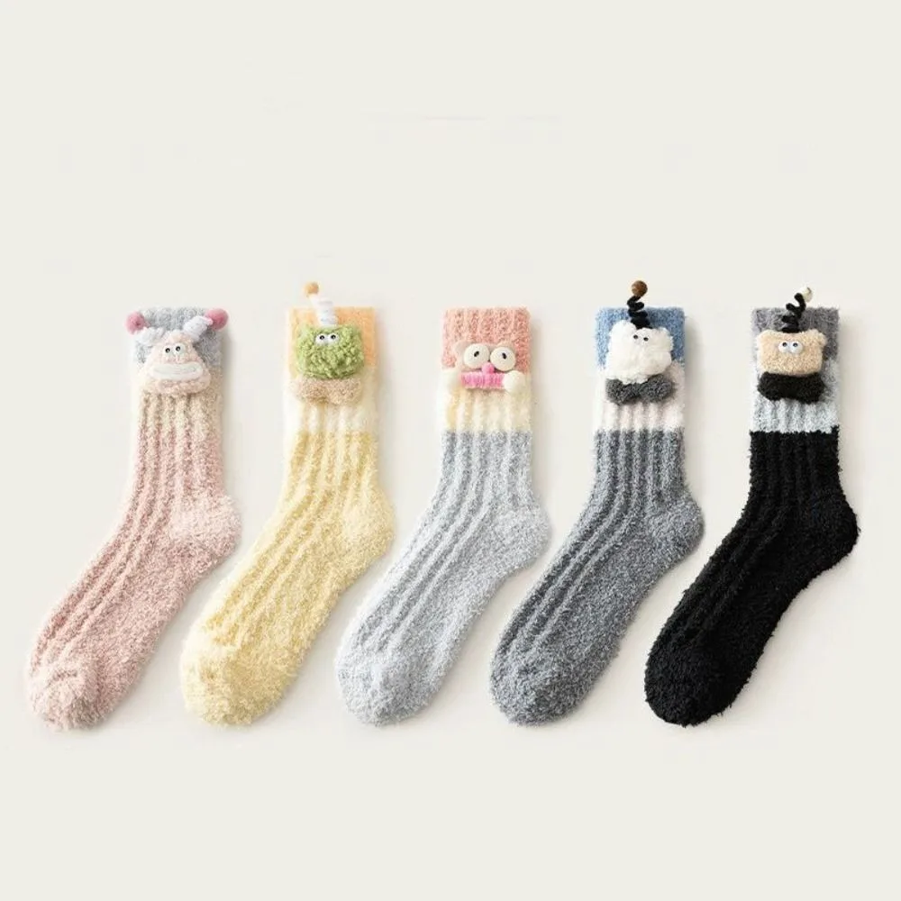 

Fashion Thicken Cartoon Plush Socks Home Indoor Hosiery 3D Eyes Sleeping Socks Non-Slip Coral Fleece Socks Women Autumn Winter