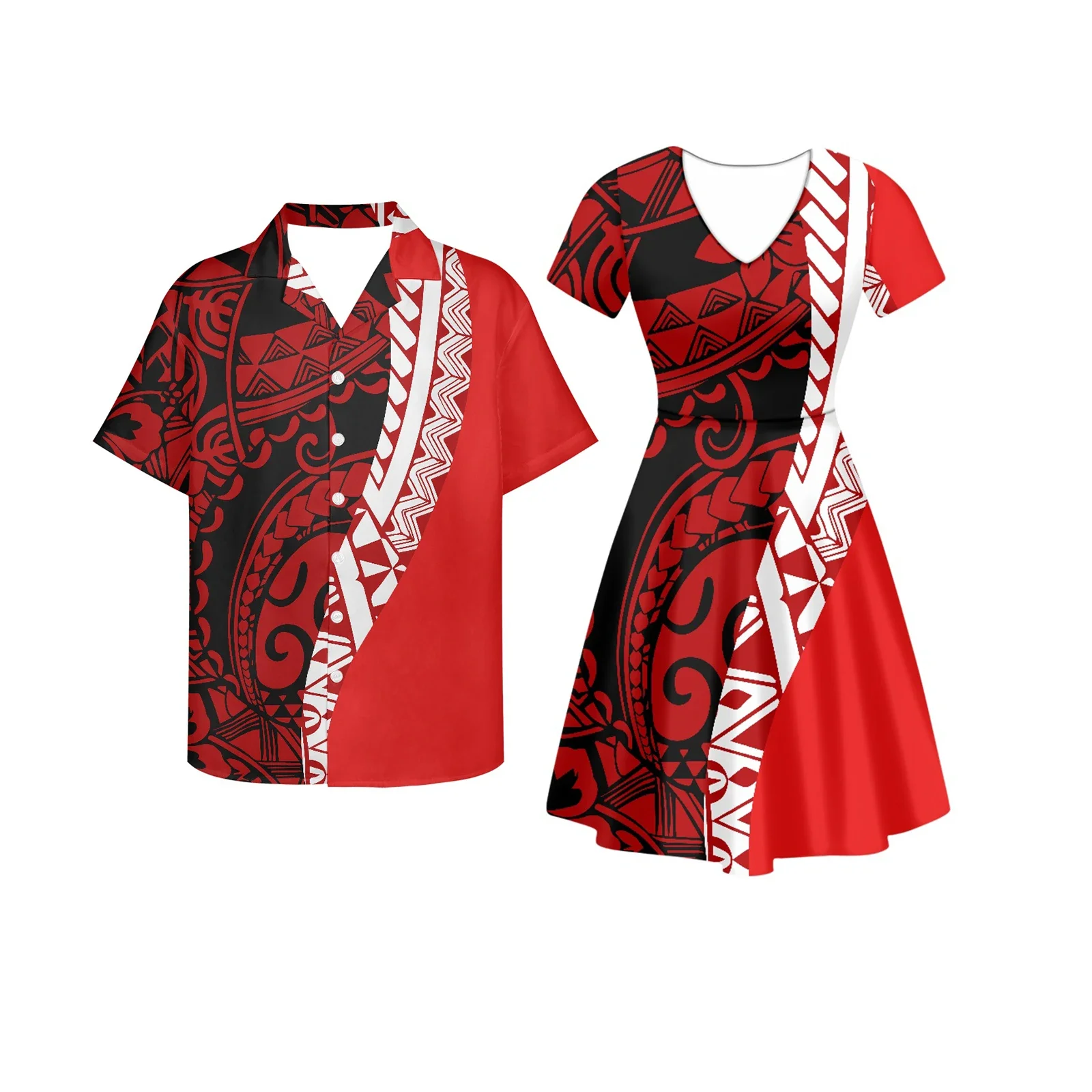 Polynesian Tattoo Dresses For Women And Men, Tribal, Hawaiian Totem, Purple Prints, Summer Couples Clothes, Match Men Shirt