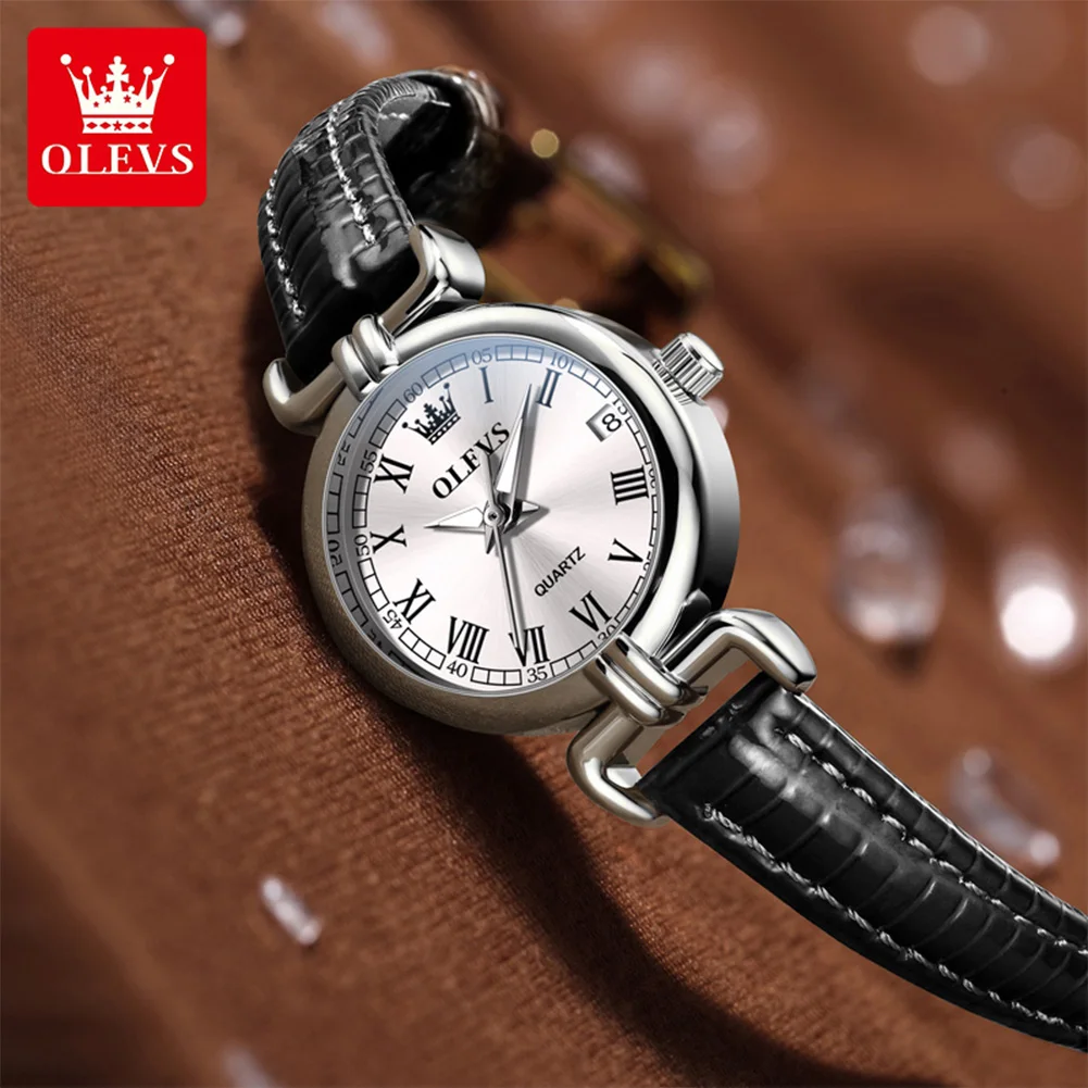 OLEVS 5645 Women Watch Quartz Movement Fashion Watch Gift Round-dial Leather Strap Wristwatch Calendar Window Luminous Watch