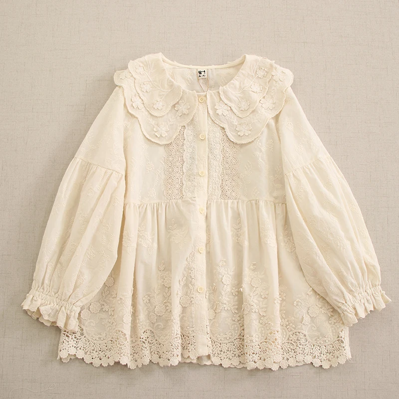 

Japanese Sweet Mori Girl Lace Embroidery Solid Color Cotton Shirt Women Autumn Peter Pan Collar Long Sleeve Loose Blouse Tops