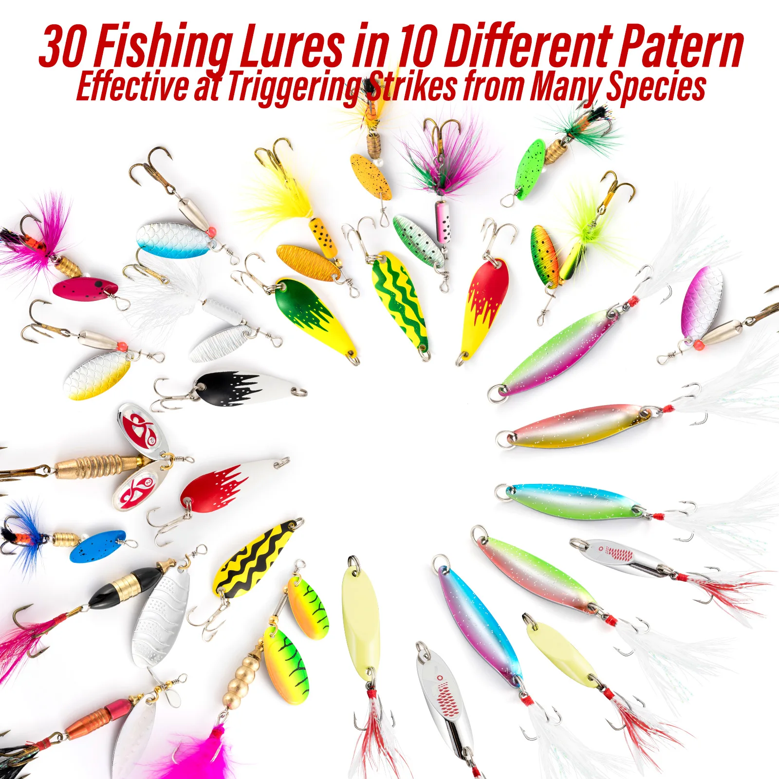 

30 шт. композитные рыболовные приманки с блестками и 2 коробками, спиннерная ложка с петушным хвостом, воблер, приманка для троллинга для окуня