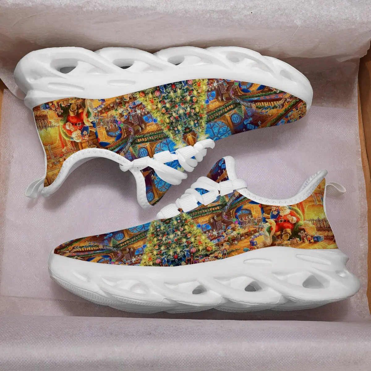 Sepatu Olahraga dengan Adegan Natal Santa Claus dan Pohon Natal, Sepatu Kasual Anak Perempuan, Sneaker Anak Laki-laki yang Bernapas, Sportschuhe Kinder