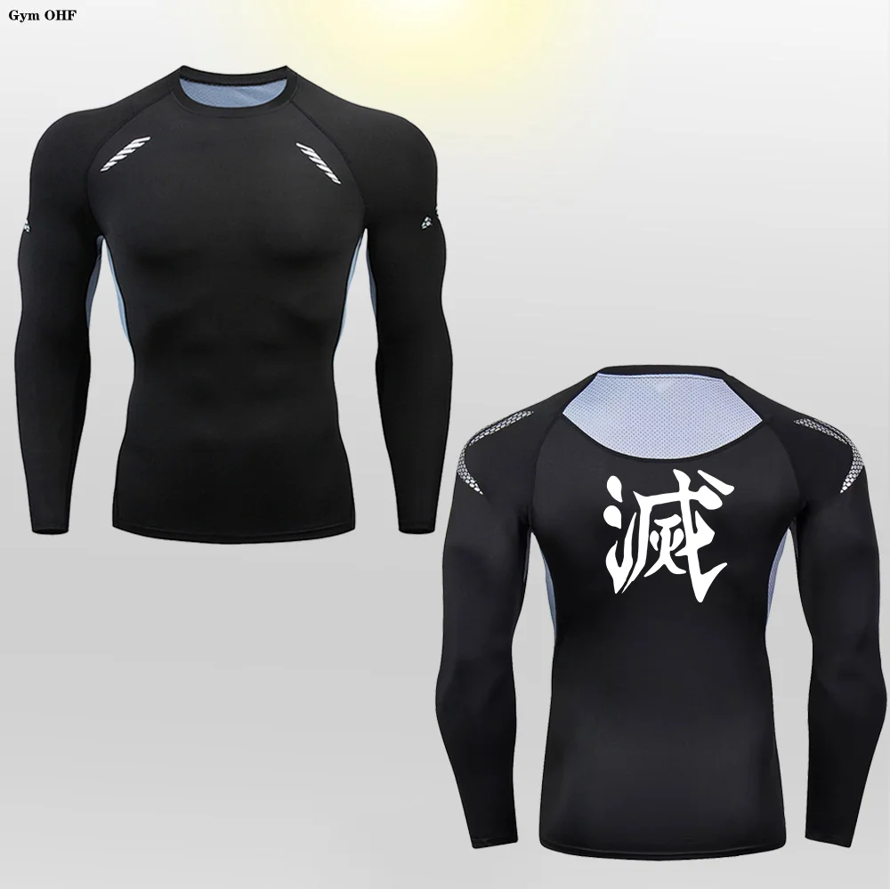 Demon Slayer Print Men Sport T-Shirt Bodybuilding Running Shirt Long Sleeve Compression T Shirt Men Gym Fitness Tight Rashgard