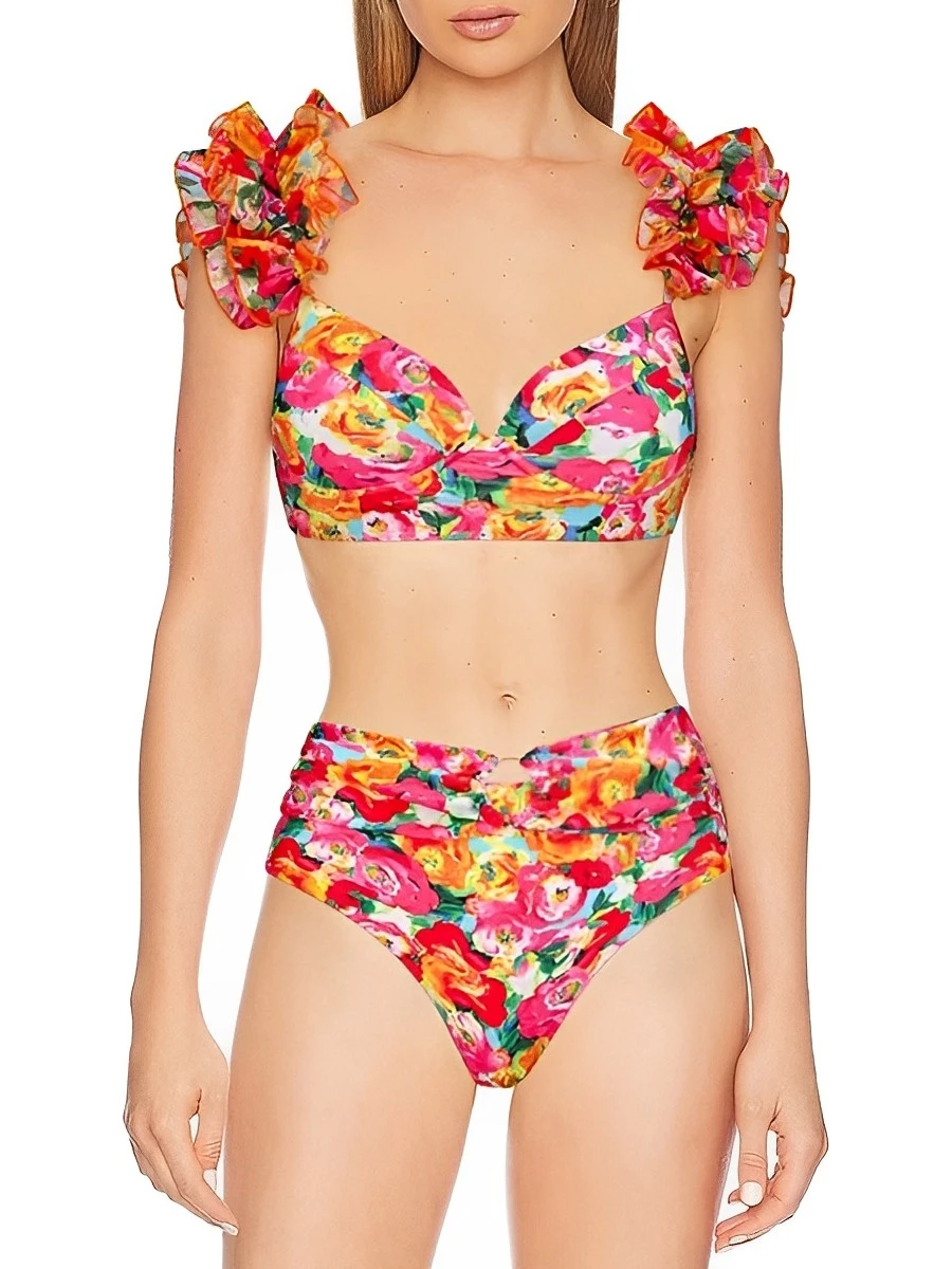 Biquíni feminino babado floral de cintura alta, maiô sexy, moda praia feminina, roupa de banho, banhistas, 2022