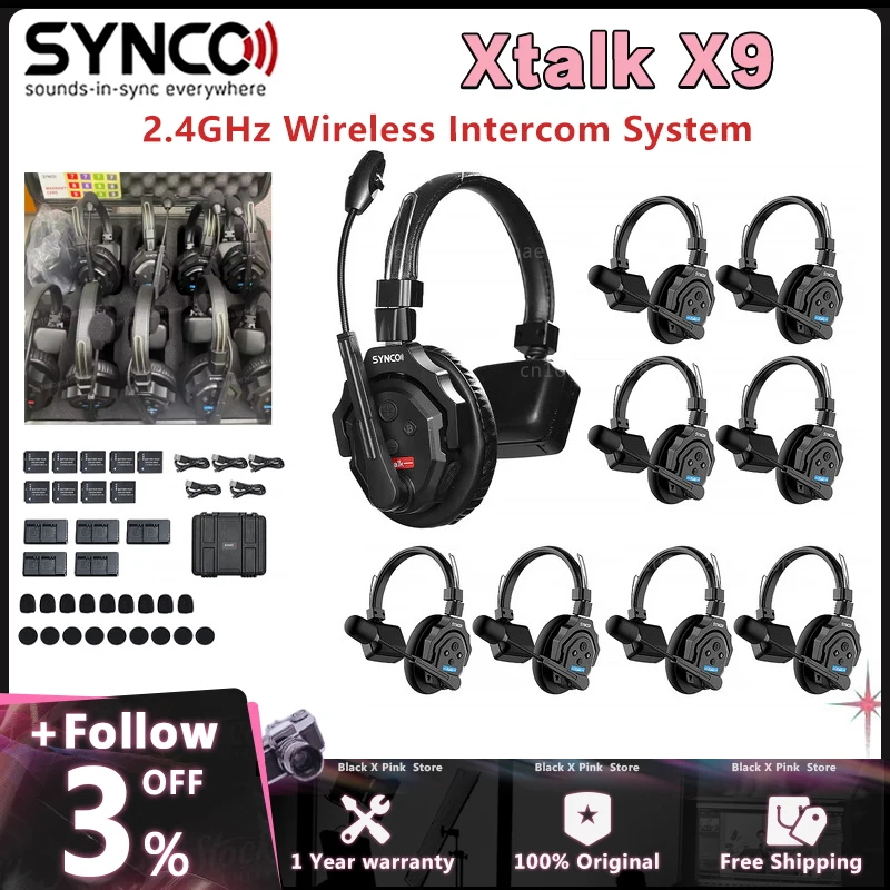 Synco Xtalk X9 Wireless Intercom Communication Headset Full-Duplex Remote Ear Headphone Microphone for Filmmaking