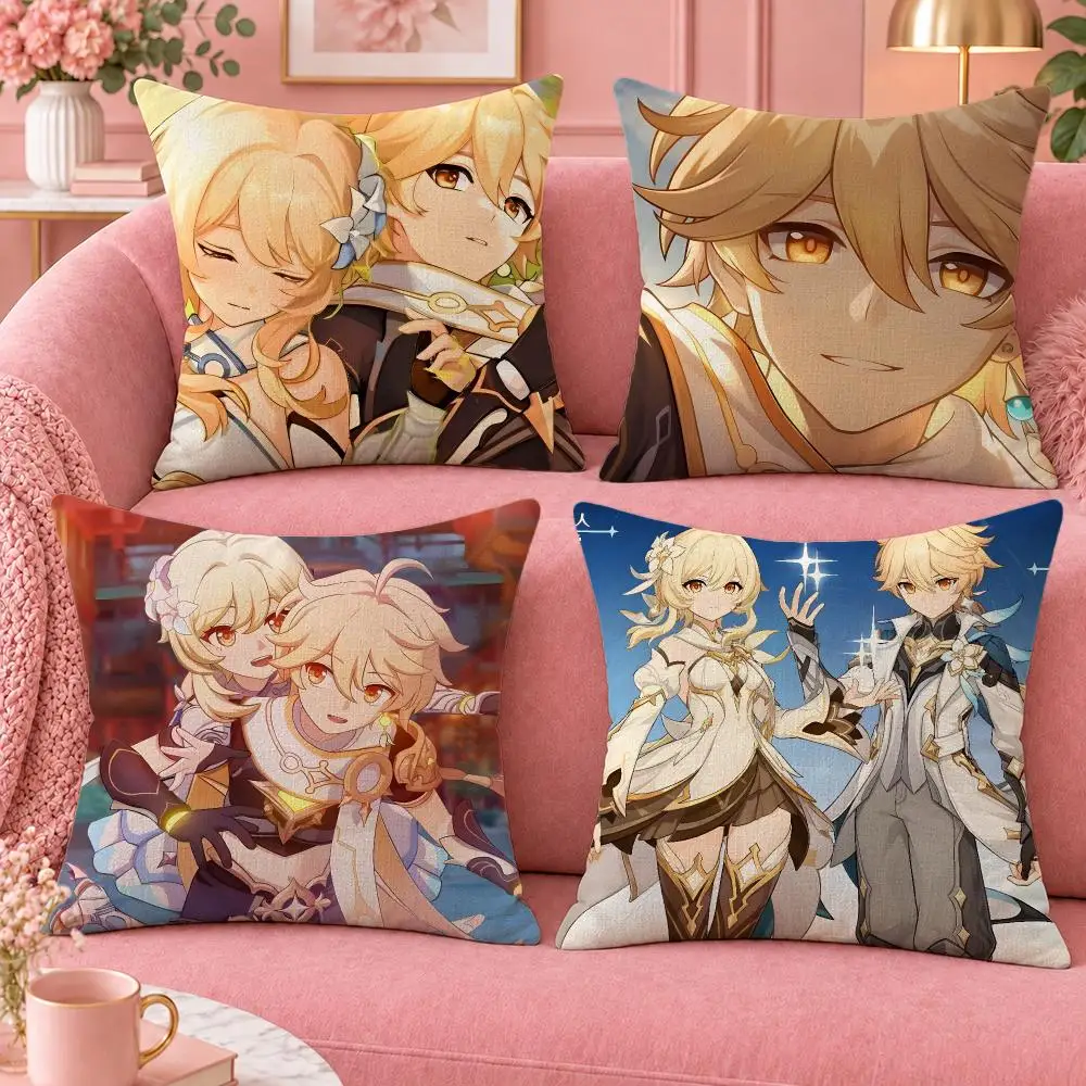 Game Genshin Impact Aether Lumine Cushion Cover Cute Cartoon Throw Pillow Cover Soft Plush Cushion Cover Sofa Bedroom Home Decor