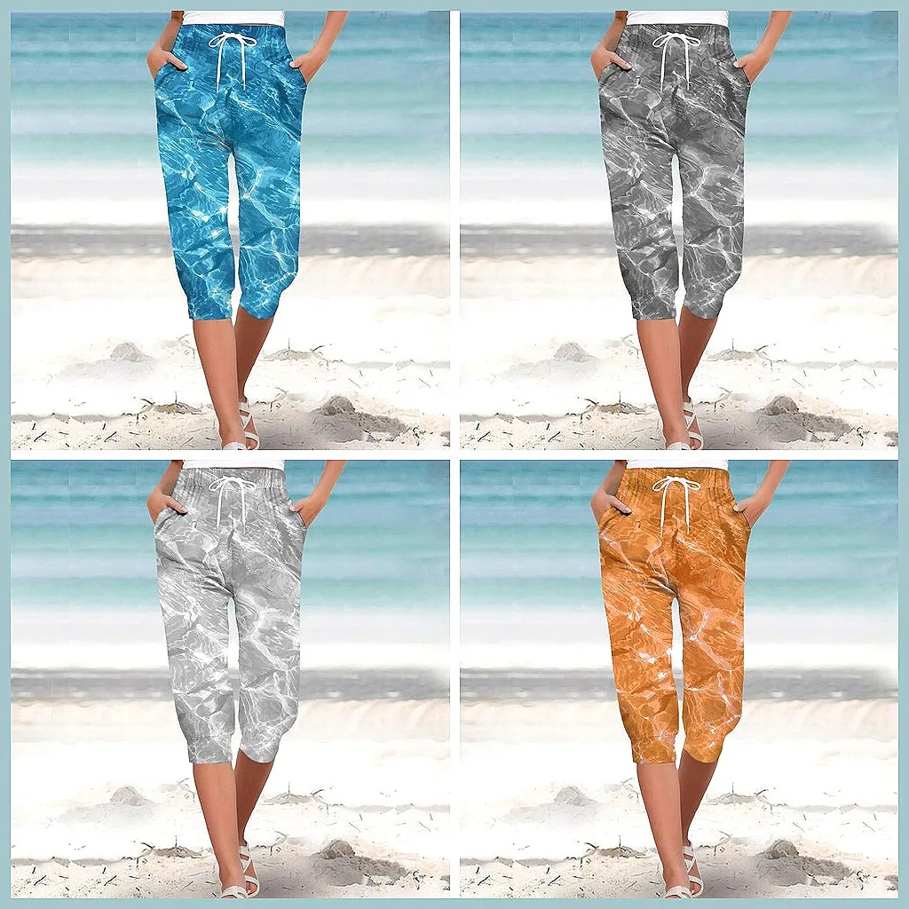 

Women's High Waist Wide Leg Pants, Summer Beach Printed Casual Pants with Drawstring & Side Pockets