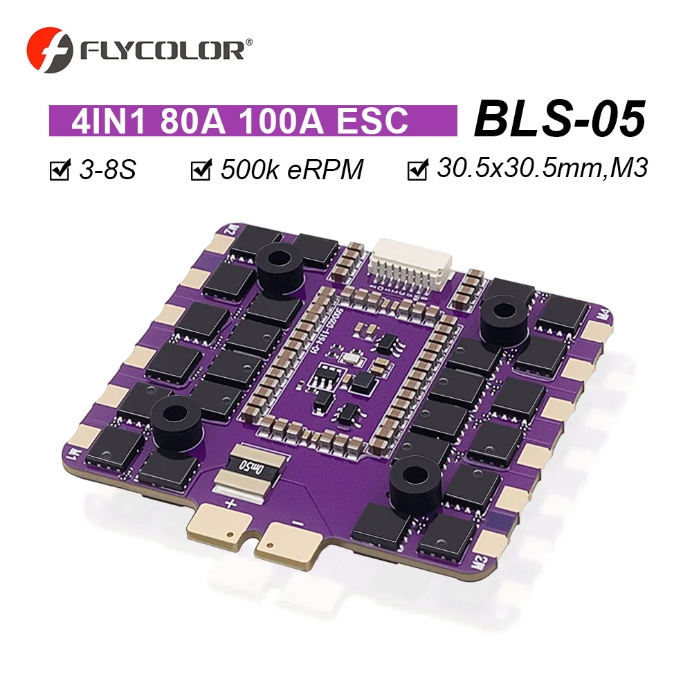 

BLS-05 80A 100A ESC 4-IN-1 3-8S LIPO 500k eRPM 50 МГц Dshot300 и Dshot600 Совместим с Flycolor F4/F7/H7 Управление полетом