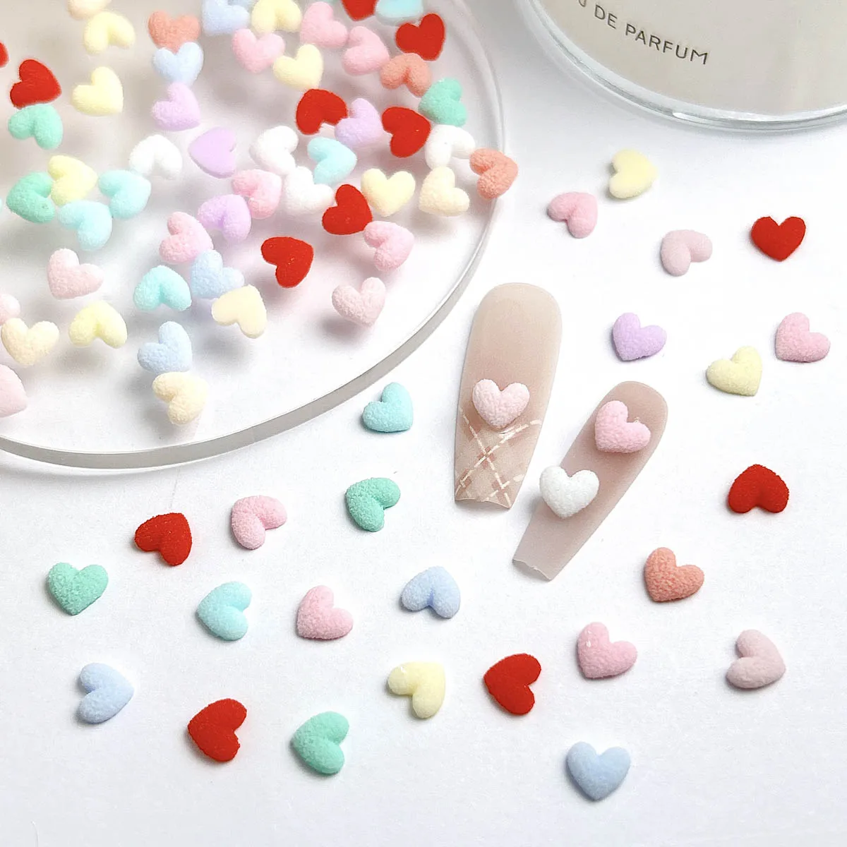 

100PCS Macaron Colored Frosted Heart Resin Nail Charms 3D Luminous Adorable Peach Heart Nail Art Decorations DIY Nails Designs