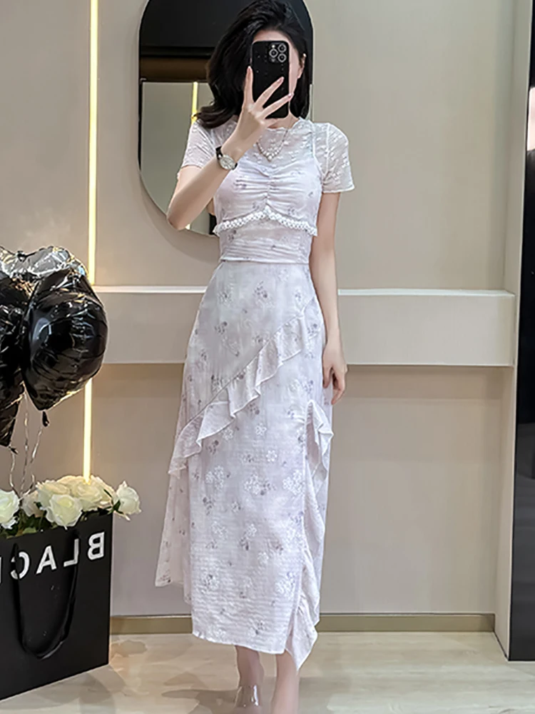 المرأة الأزهار تكدرت فستان بكتافة + الدانتيل الجاكار قميص حريمي قطعتين مجموعات 2025 الصيف الكورية خمر الفاخرة Bodycon فستان الدعاوى