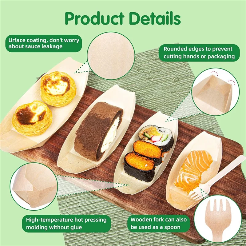【People Favorite】100 Set Wooden Disposable Food Boats Dessert Plates Food Trays Boat Plates Disposable Plates