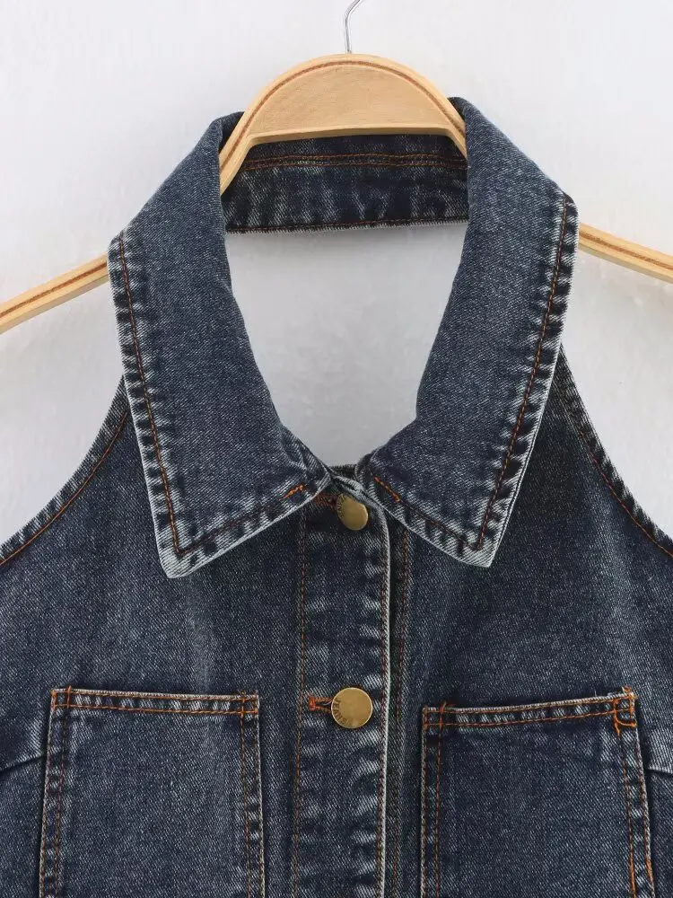 

ZAB Autumn New Women's Faion Design Turn-down Collar Svel Ne Hanging ort Sle Jeans Vest Slim Fit Polyester Fiber