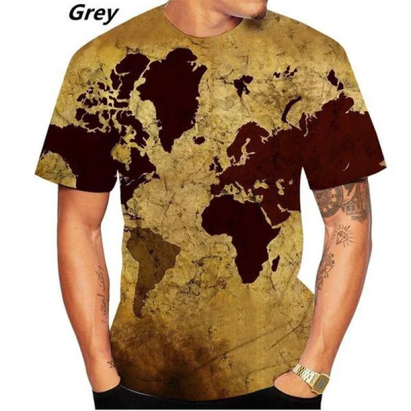 2023 World Map 3D Print T-Shirt Men\'s/Women\'s Casual Short Sleeve Round Collar T-shirt Street Personality Tees
