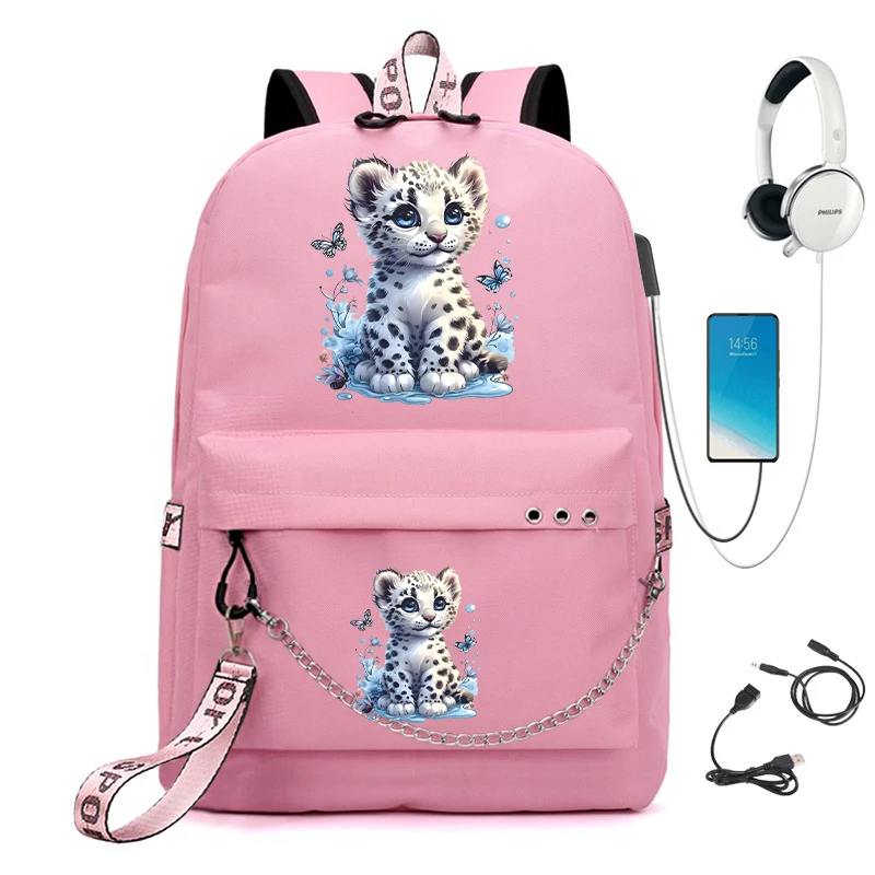 Little Leopard Print School Backpack Bag for Boys Girls Cartoon School Bag Anime Students Usb Bookbag Animals Manga School Bag