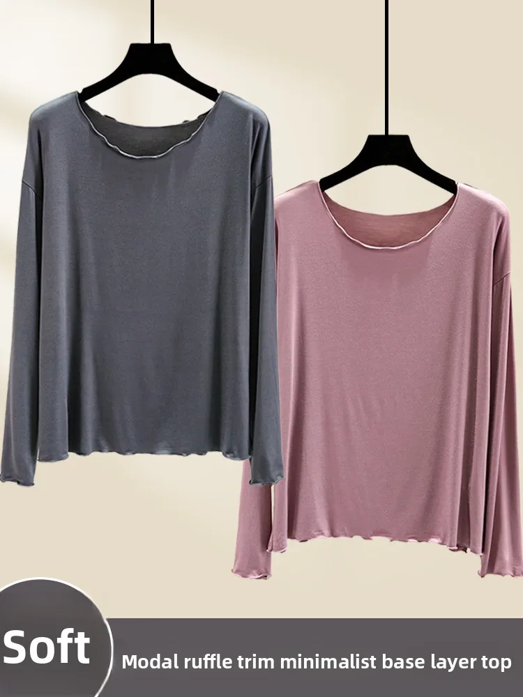 Lose Casual Modal Spitze Basis irt frauen Dünne Lange Sve Top plus Größe Abnehmen Lose Fit T-shirt Herbst reine Farbe