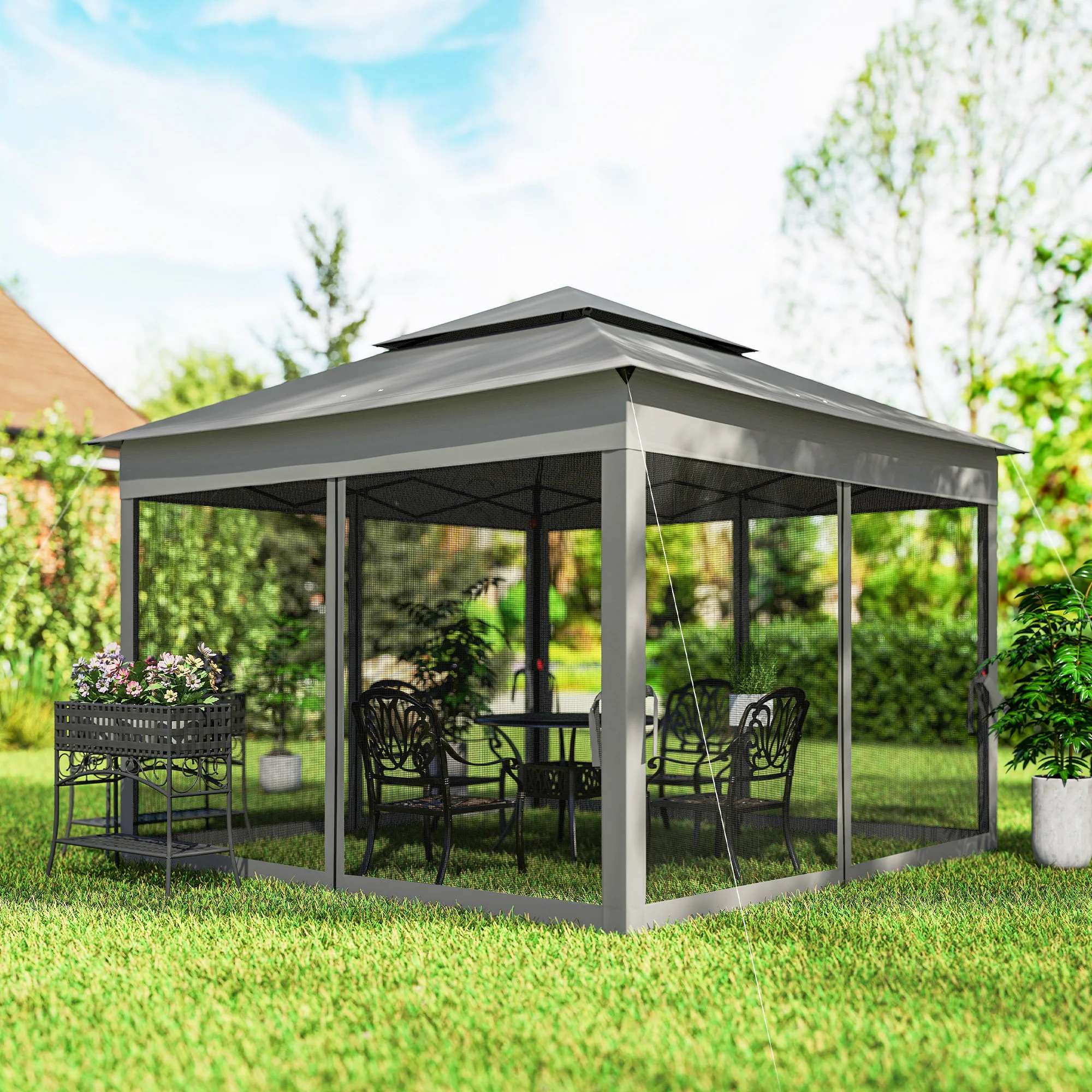 Outdoor Patio Pop Up Canopy Gazebo Shelter with Zipper Netting, Carry Bag, 11' x 11', Dark Gray