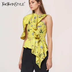 TWOTWINSTYLE Colorblock Spliced Ruffles Blouses For Women Skew Collar Sleeveless Tunic Patchwork Folds Elegant Shirt Female New