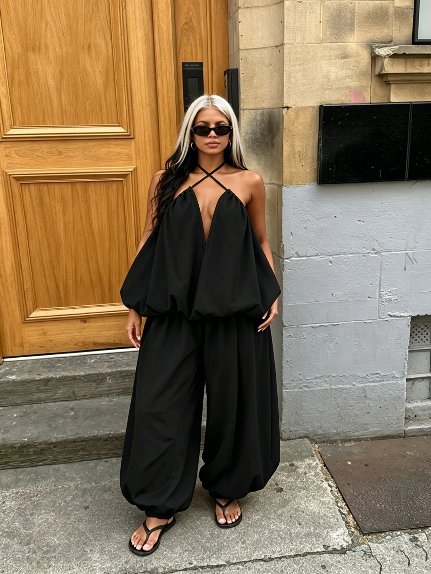 Women s 2 Piece Outfits Cross Halter Neck Sleeveless Tops and Balloon Pants