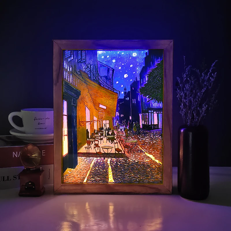 Shadow Box Frame With Led Wall Lamp Van Gogh Oil Paintting Picture Frame 3D Paper Sculptures Desk Lamp Lights Decoration Gifts