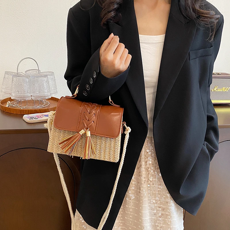 Strand Stroh Umhängetasche für Frauen neue Designer Boho Sommer tasche Pu Leder Handtasche und Geldbörse Reise Umhängetasche – Detail 8