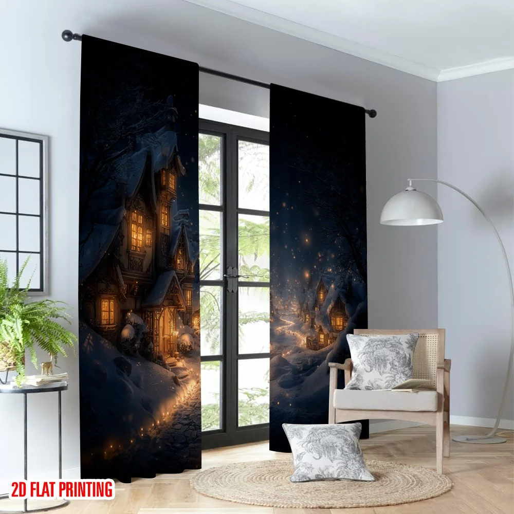 2 قطعة 2D الطباعة المسطحة عيد ميلاد سعيد الستائر دافئ الشتاء قرية مساء المشهد الرقمية المطبوعة البوليستر الستائر حفلة الأسرة #4