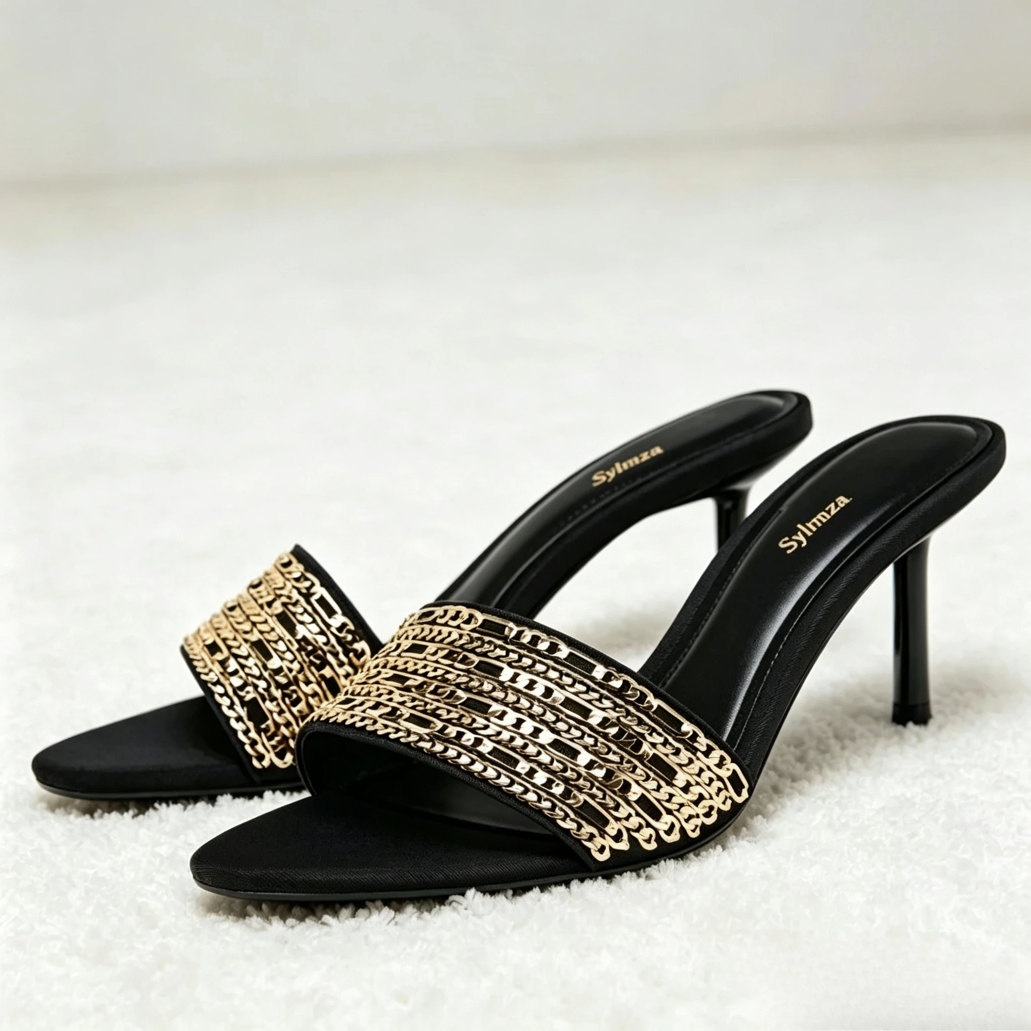 Metal Chain Decoration Designer High Heel Slippers Slide Sandals Women Summer Sexy Open Toe Thin High Heel Round Toe Beach Shoes