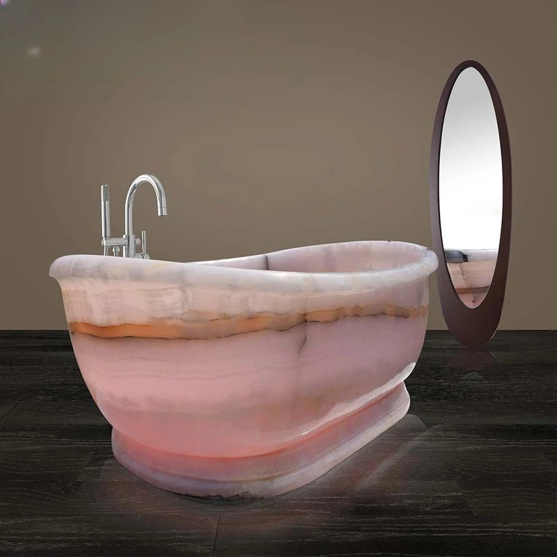 Natural stone pink agate bathtub hand-carved oval spa bathtub hotel villa bathroom decoration