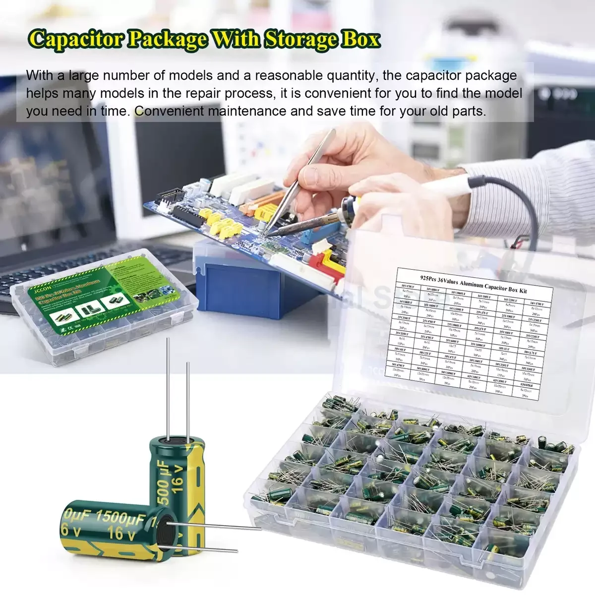 925Pcs 36Values Radial Aluminum Electrolytic Capacitor Assortment Kit 10V-63V 470uF High Frequency Green Capacitors for Circuit
