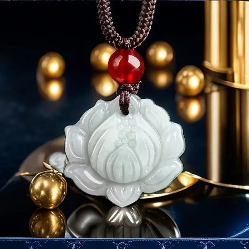 

Burmese Jadeite Lotus Pendant Vintage Man Men Emerald Pendants Charms Gemstones Amulet Jewelry White Necklace Jade Natural