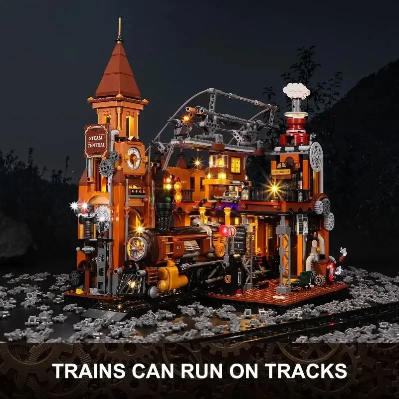 

China lighting building blocks FUNWHOLE steampunk world railway station assembled building blocks with track retro style