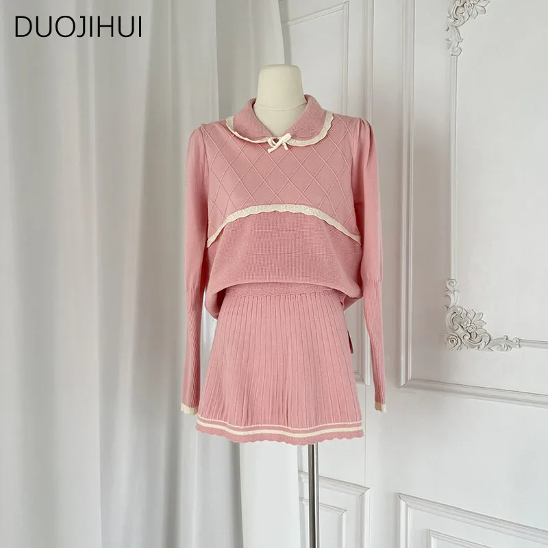 

DUOJIHUI Two Piece Pink Sweet Chicly Knitted Female Pullovers Korean New Fashion Simple Skirt Casual Long Sleeve Women Pullovers