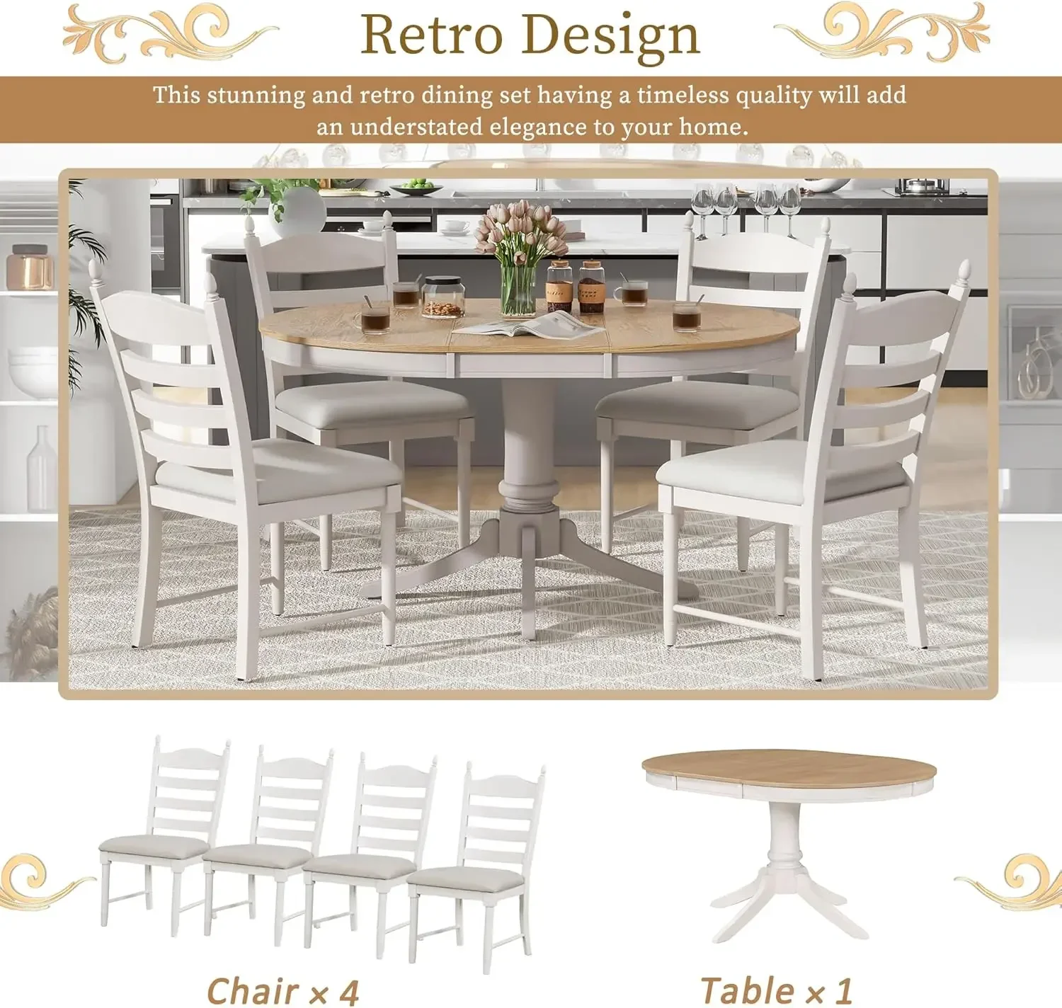 Solid Wood Extendable Round Dining Table Set with Chairs of 4,5 Piece Round Kitchen Dining Room Table Set with Extendable Table