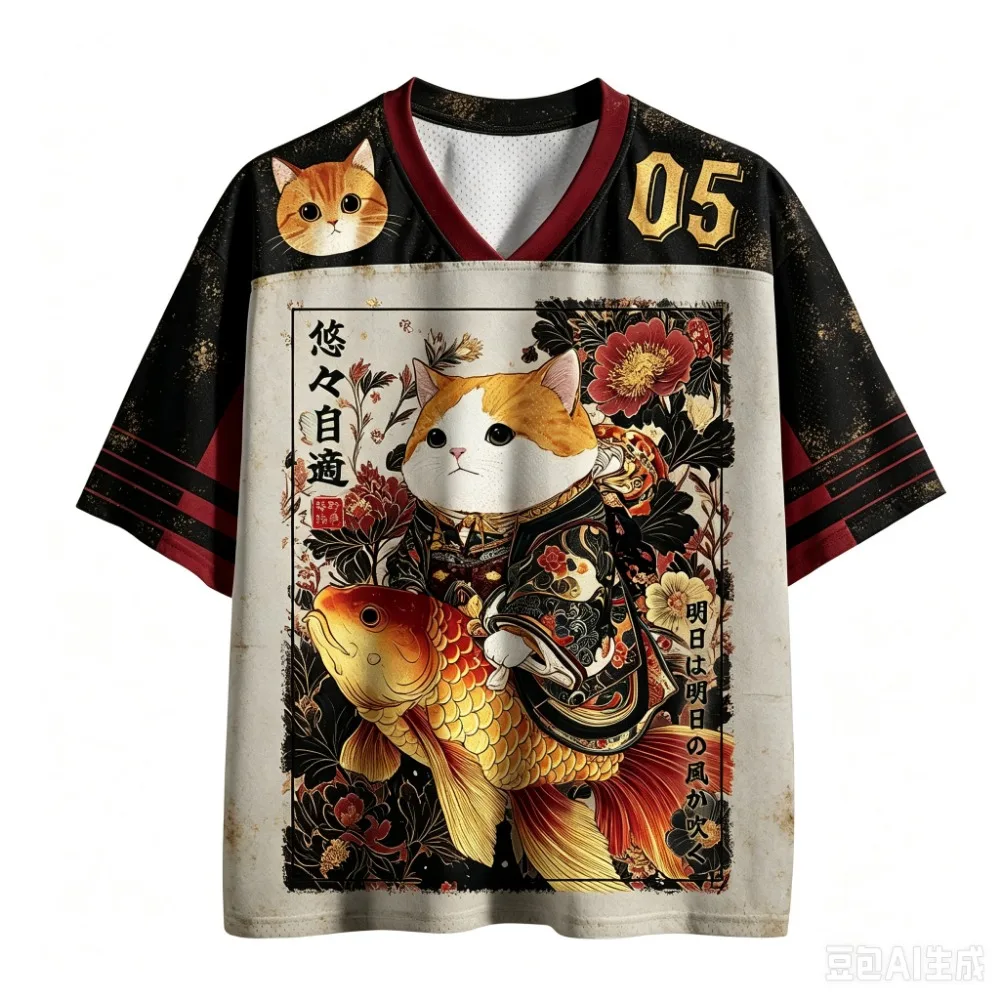 Japanese Harajuku Cartoon Cat Koi Breath Quickdry 3D Print Men Women T-Shirts V-neck Outdoor Street Fashion Casual Parent-Child