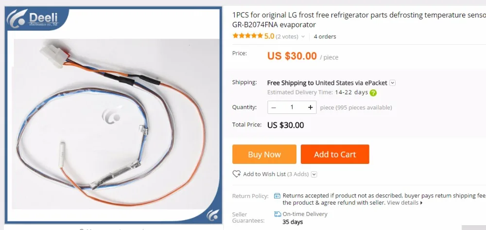 1PCS new for frost free refrigerator parts defrosting temperature sensor probe GR-B2074FNA evaporator