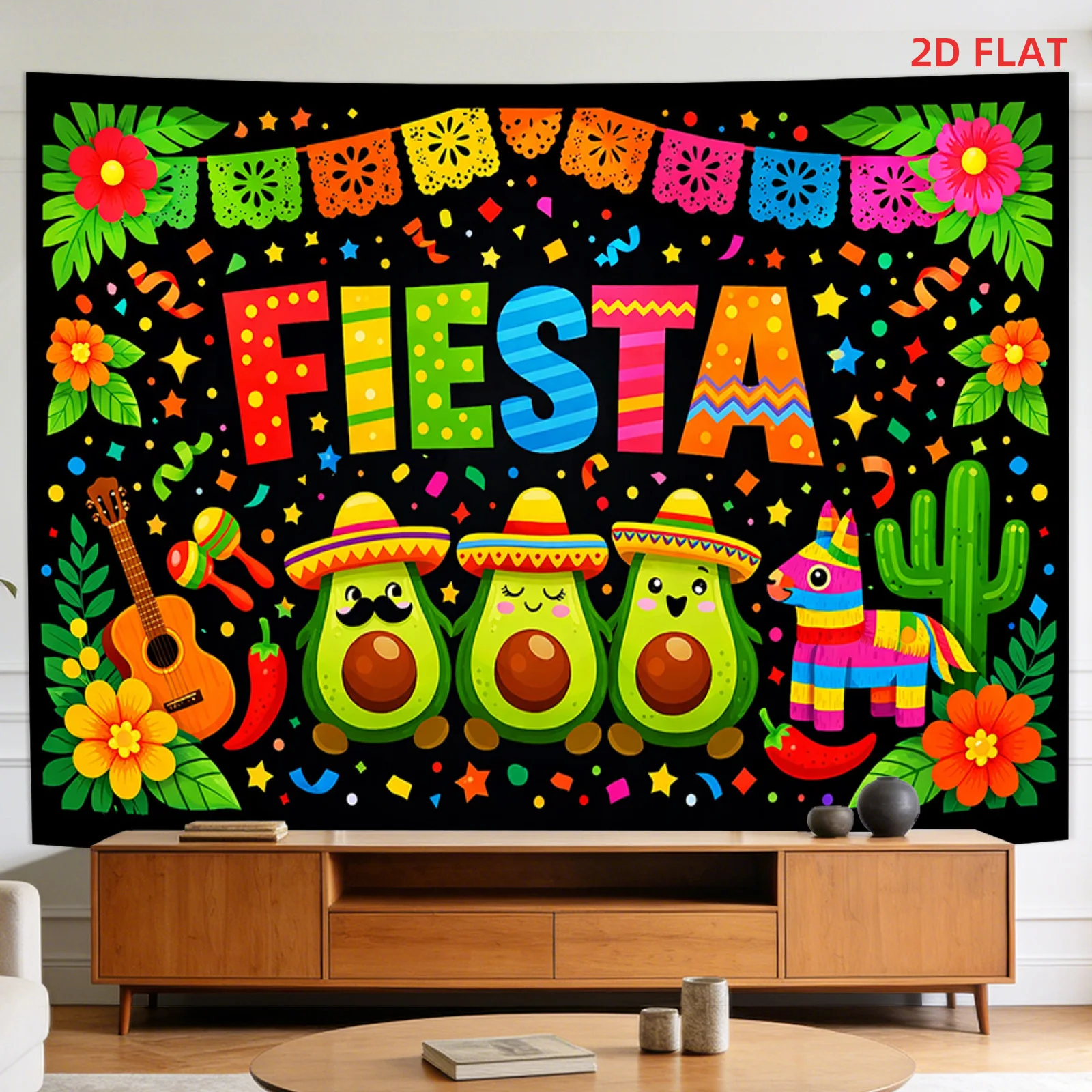 Fiesta Tapestry, Mexican Party Wall Hanging, Funny Avocado & Pinata Art Dorm Decor, Colorful Summer Bedroom Blanket
