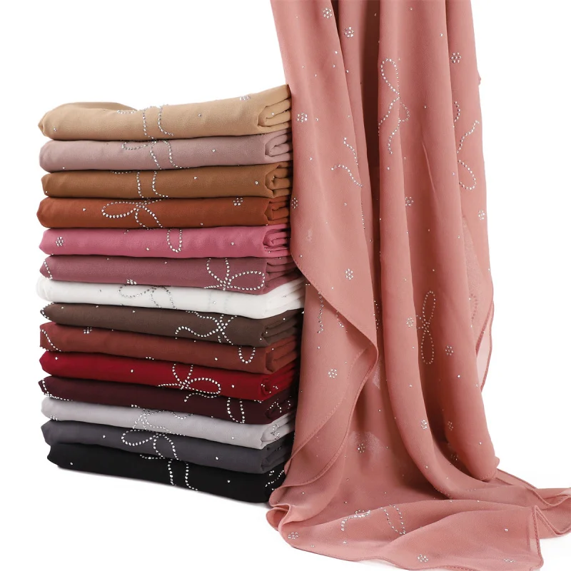 

Solid Color High Quality Pearl Chiffon Heavy Industry Bow Rhinestone Long Scarf Headcloth Breathable Soft Scarf Shawl