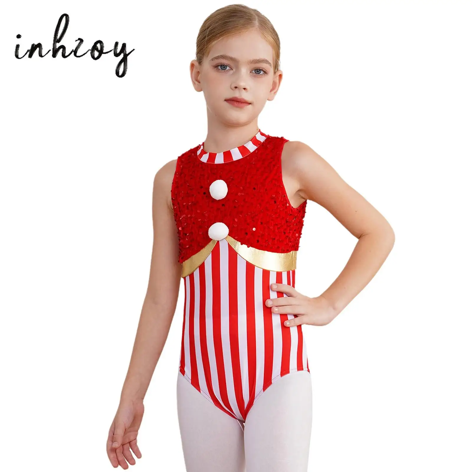 

Girls Christmas Candy Cane Costume Sleeveless Stripes Sequins One Piece Bodysuit Figure Skating Jumpsuit Xmas Party Costume