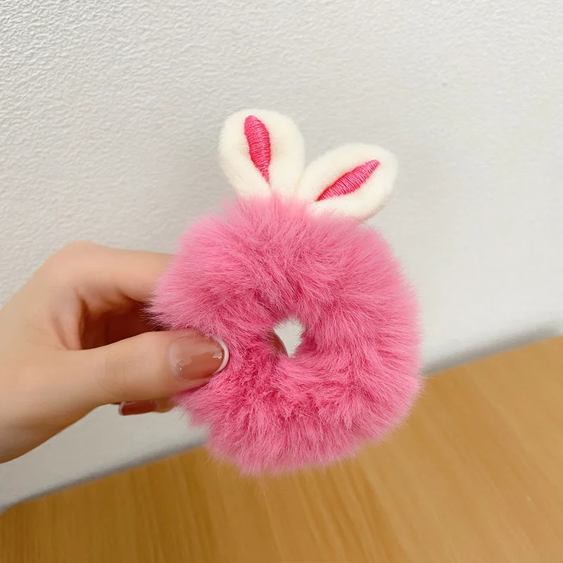 Mädchen Süße Nachahmung Kaninchen Pelz Kaninchen Ohren Elastische Haar Bands Frauen Pelz Flauschigen Haar Ringe Plüsch Scrunchies Haar Zubehör – Detail 12