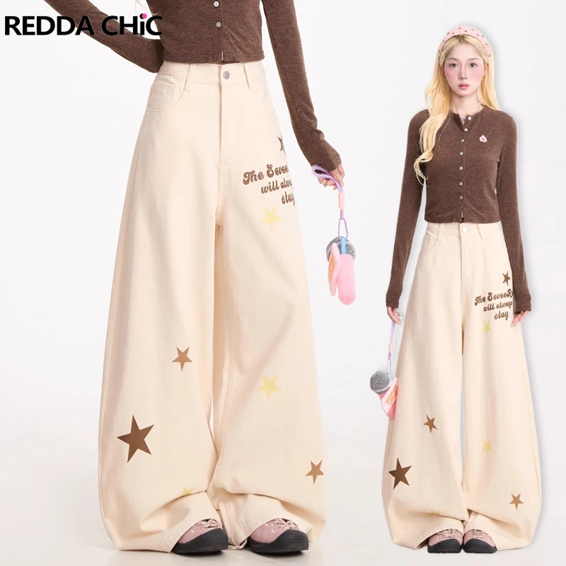 REDDACHiC Women Printing Star Barrel Pants Casual Loose Lettering Low Rise Pockets Wide Leg Graphic Pants Vintage Y2k Streetwear