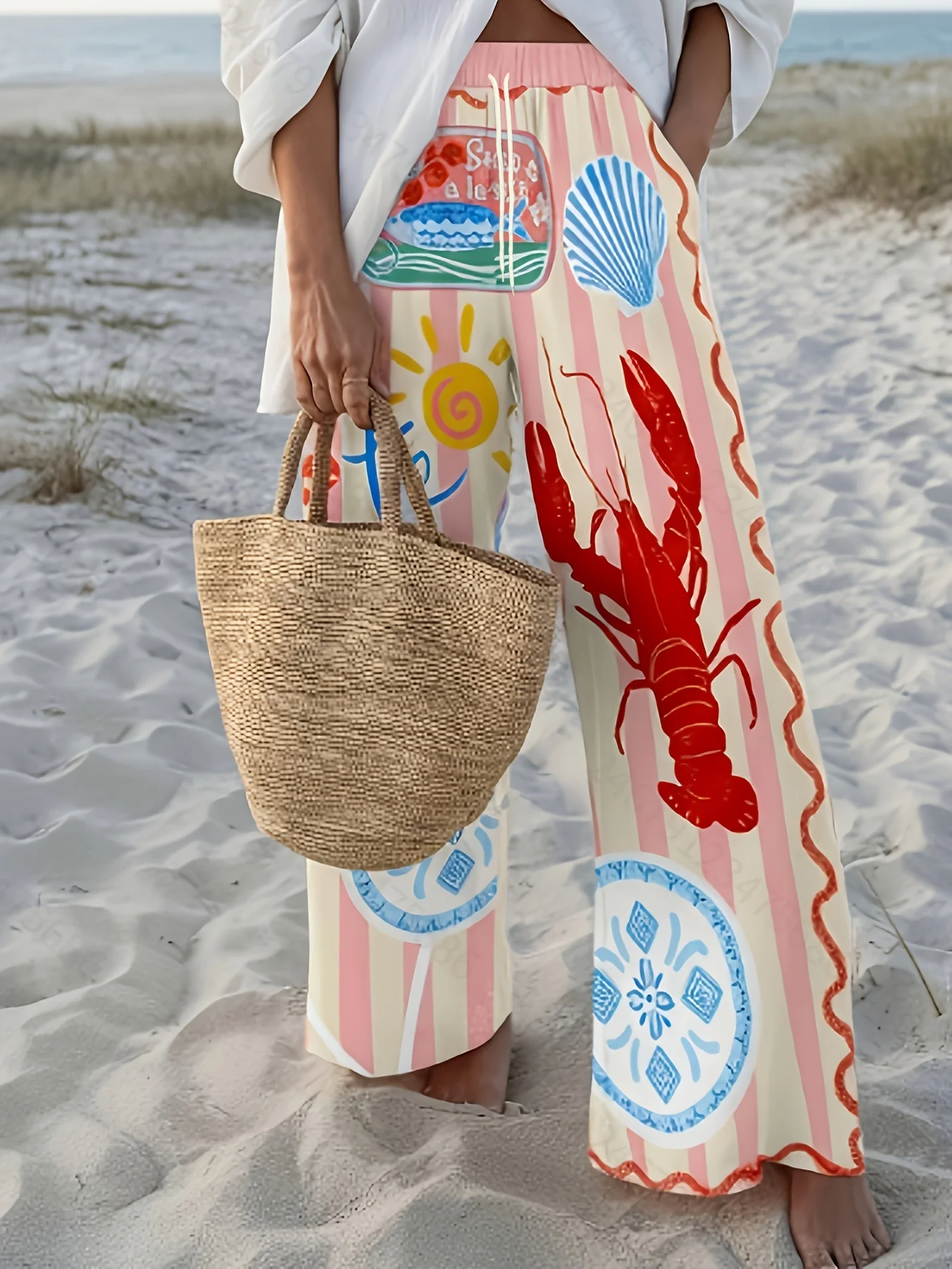 2026 Summer Beach Vacation Pants, Elastic Waist Seaside Print Wide Leg Trousers For Women Quick Drying Casual Kids Daily Wear