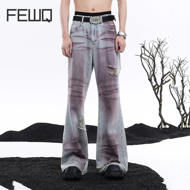 FEWQ American Micro Speaker Ripped Floor Mop Men's Jeans Summer Loose Straight Leg Pants 2024 Tie Dyeing Trousers 24E1124