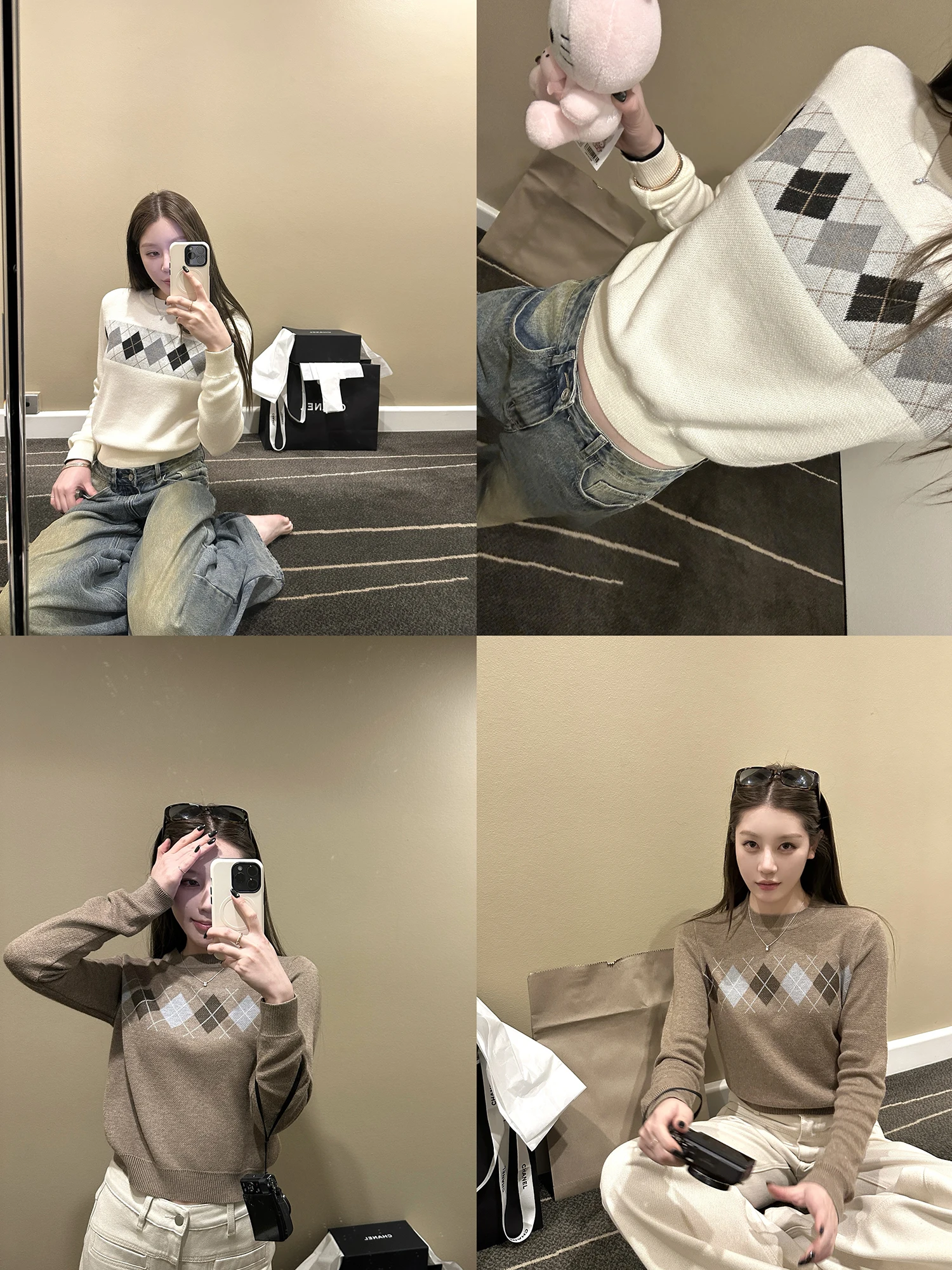 

Dibao Xi Retro Diamond id круглый шерстяной двухцветный базовый женский осенне-зимний внутренний свитер, трикотажная одежда