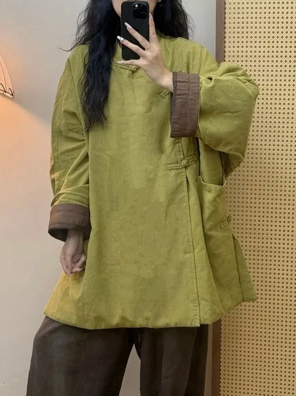 

Thiened Linen Cotton Jaet Pure Color Versatile Side Buttoned Loose Fit Winter Outerwear Commute Sle Regular Sve Long