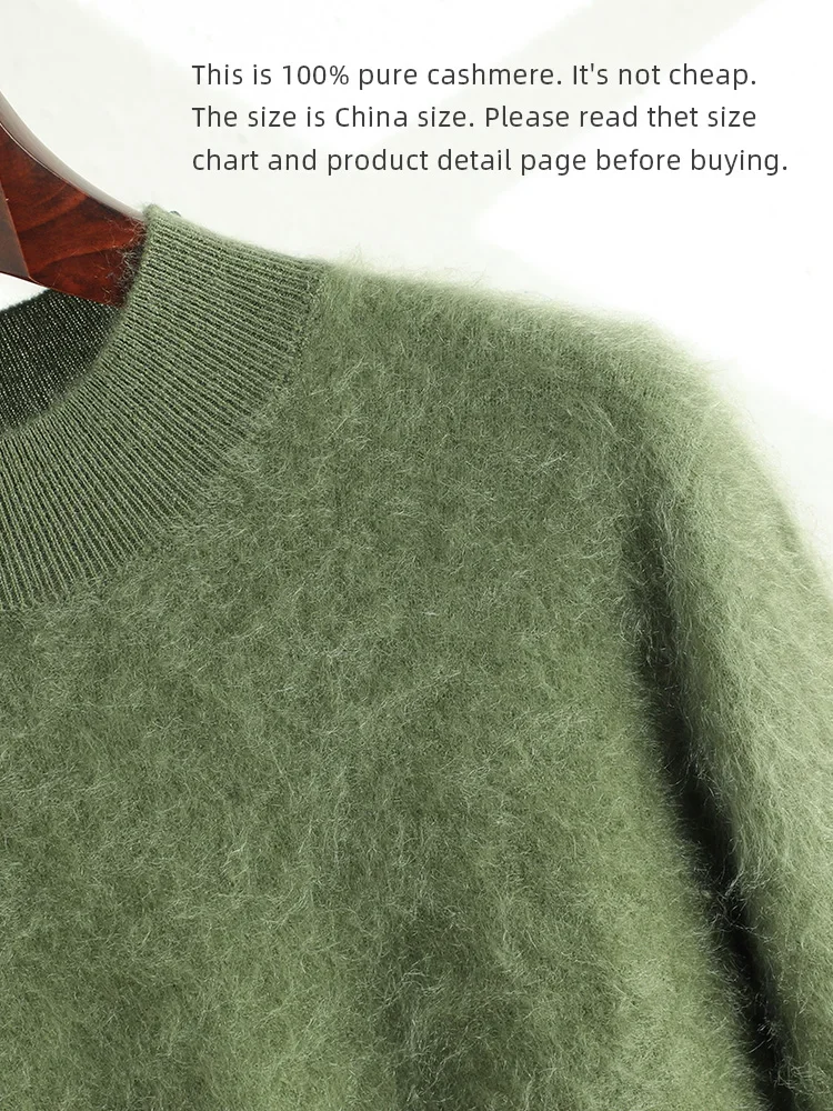 2024 Men 100% Plush Cashmere Sweaters Mock Neck Basic Pullovers Long Fluff Pure Brushing Cashmere Half High Collar Jumper Winter