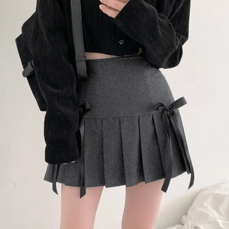 Pleated Woolen Skirt High Quality Bow High Waist Cute Double A-Line Mini Skirts Preppy Style Sweeet Girls Streetwear Skirt