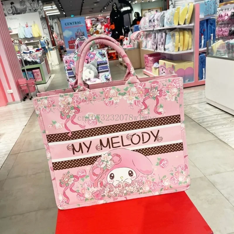 Miniso Sanrio Hello Kitty Canvas Tote Bag for Women Cute Cartoon Large Capacity Shopping Bag Commuter Handbag My Melody Bags