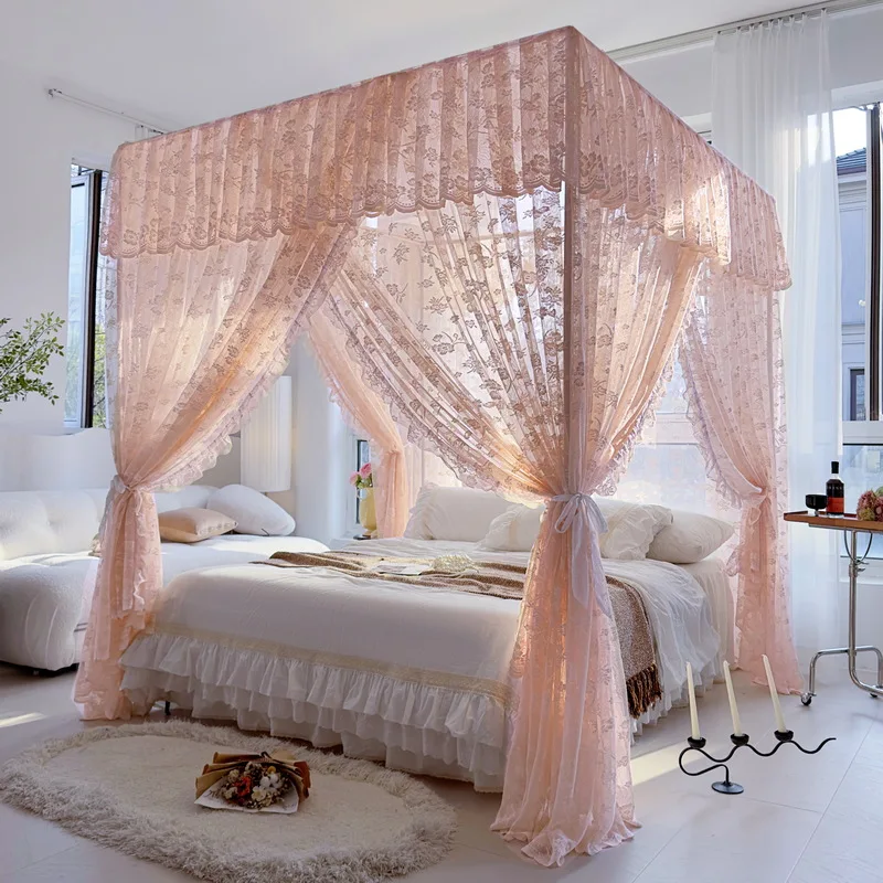 Luxurious Palace Mosquito Net with White Holder Romantic Three-door Lace Bed Curtain  Room Decor 1.5m 1.8m Size