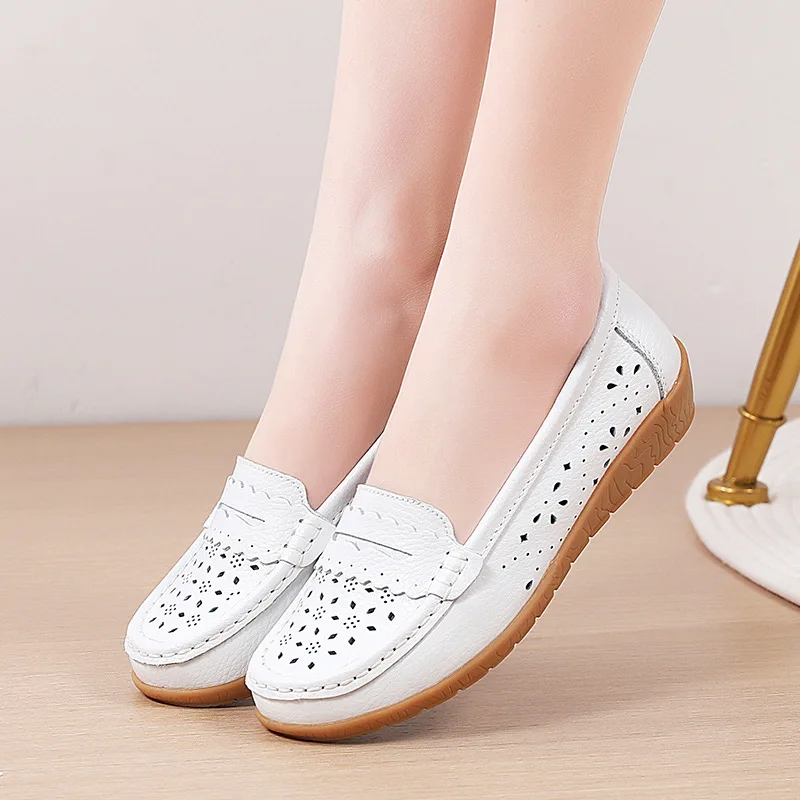 2024 Summer Casual Hollow Breathable Genuine Leather Doudou Flats Wedges Platform Shoes For Women Chaussure Femme Zapatos Mujer