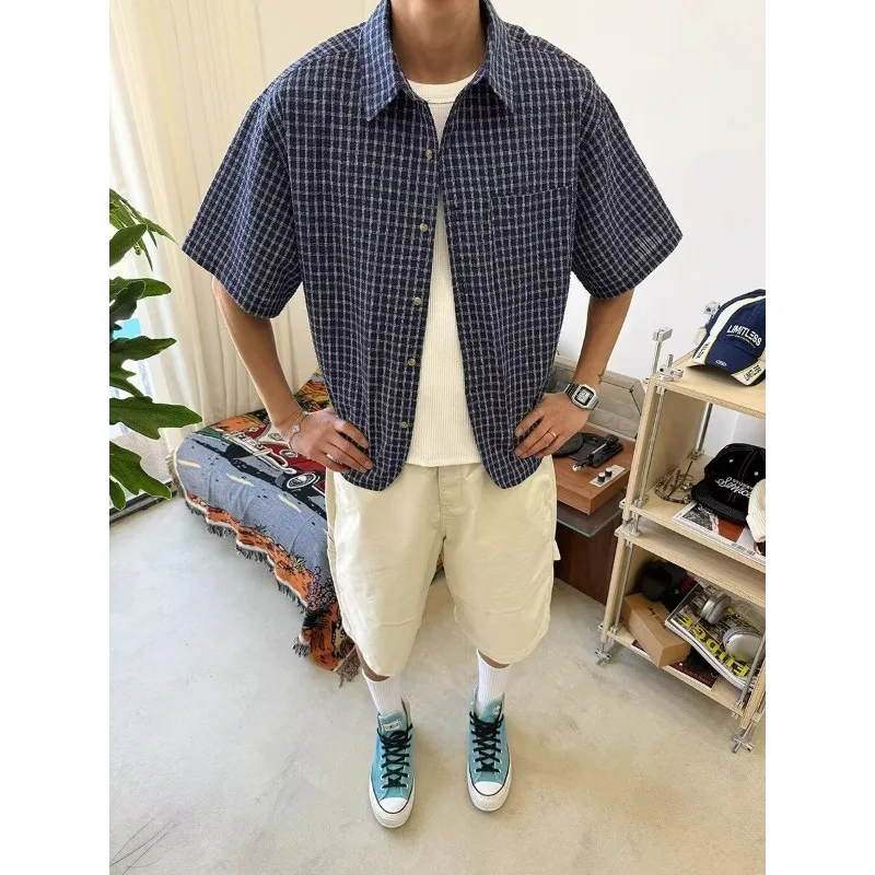 

Japanese Plaid Short-sleeved Shirt Men and Women Summer Trendy Brand Vibe Loose Casual Shirt American Handsome Couple Jacket Rrl